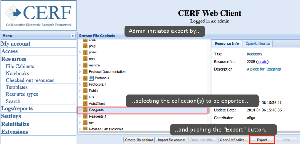 The CERF Exporter in use, step 1 - The Admin initiates a bulk export using the web-based admin interface.